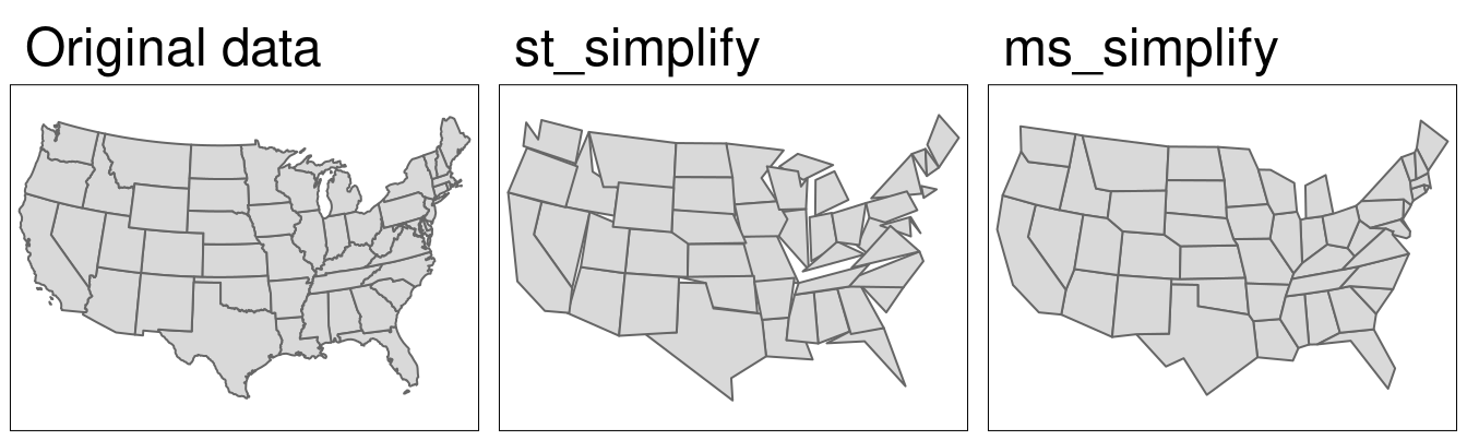 Polygon simplification in action, comparing the original geometry of the contiguous United States with simplified versions, generated with functions from sf (center) and rmapshaper (right) packages.