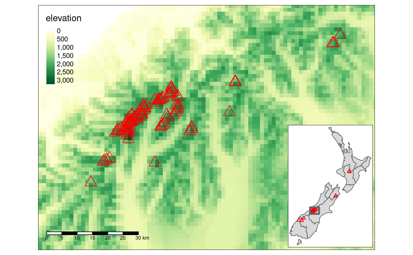 Inset map providing a context - location of the central part of the Southern Alps in New Zealand.