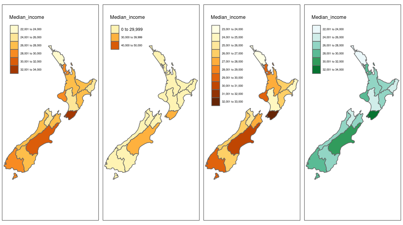 Illustration of settings that affect color settings. The results show (from left to right): default settings, manual breaks, n breaks, and the impact of changing the palette.