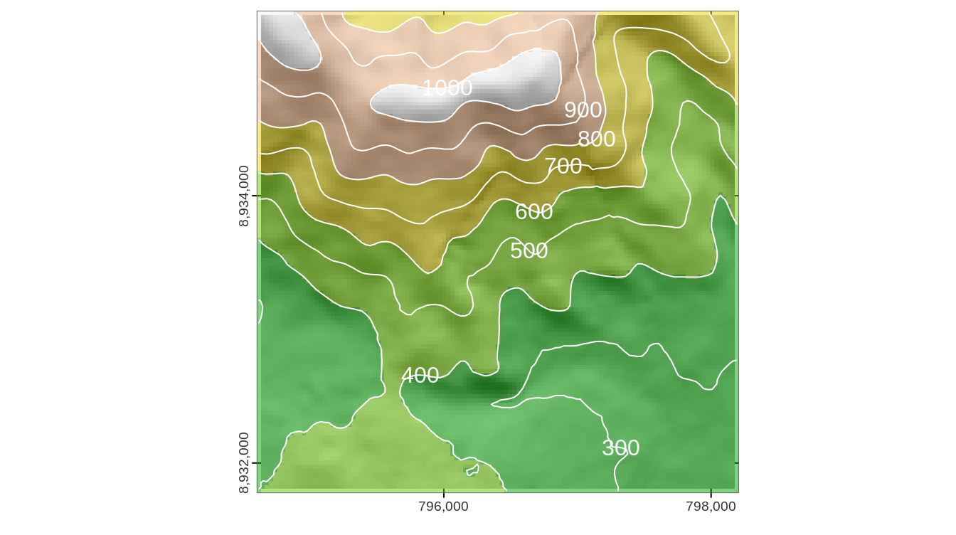 DEM hillshade of the southern flank of Mt. Mongón overlaid by contour lines.