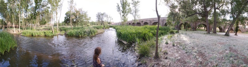 Panoramic of the historic bridge over the river and the mysterious fluff that fell from the trees like snow.