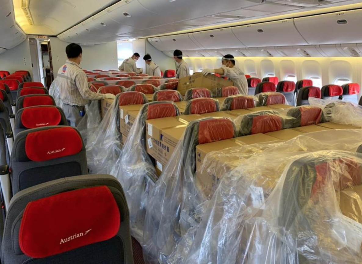 Austrian Airlines 777-200 being loaded with cargo in the passenger cabin. Source: Austrian Airlines