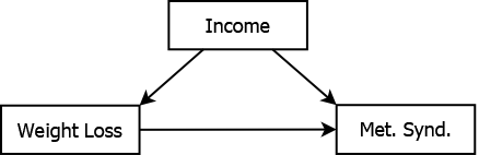 Box with the words weight loss  inside, the predictor,  with an arrow pointing to another box with the words metabolic syndrome inside, the outcome. A third box with the word income inside, the mediator, has arrows pointing to both the predictor and the outcome