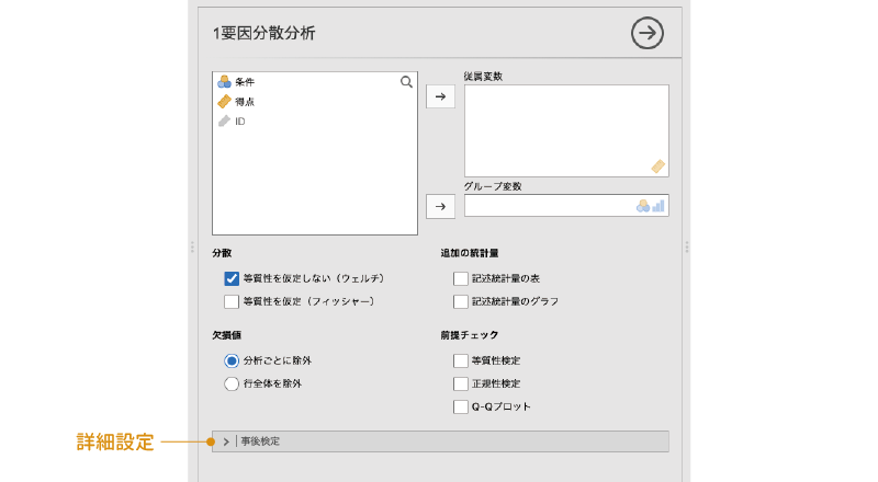 1要因分散分析の設定画面