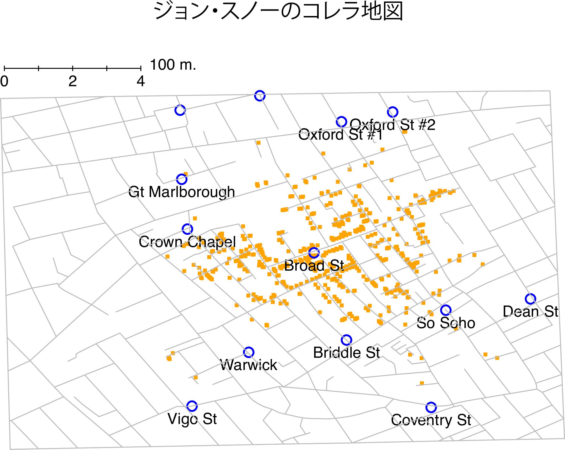ジョン・スノーのコレラ地図の再描画。頭上の小さな点はコレラの発生地点を，円は井戸の位置を示す。図から明らかなように，コレラの発生はBroad St井戸の付近に密集している。