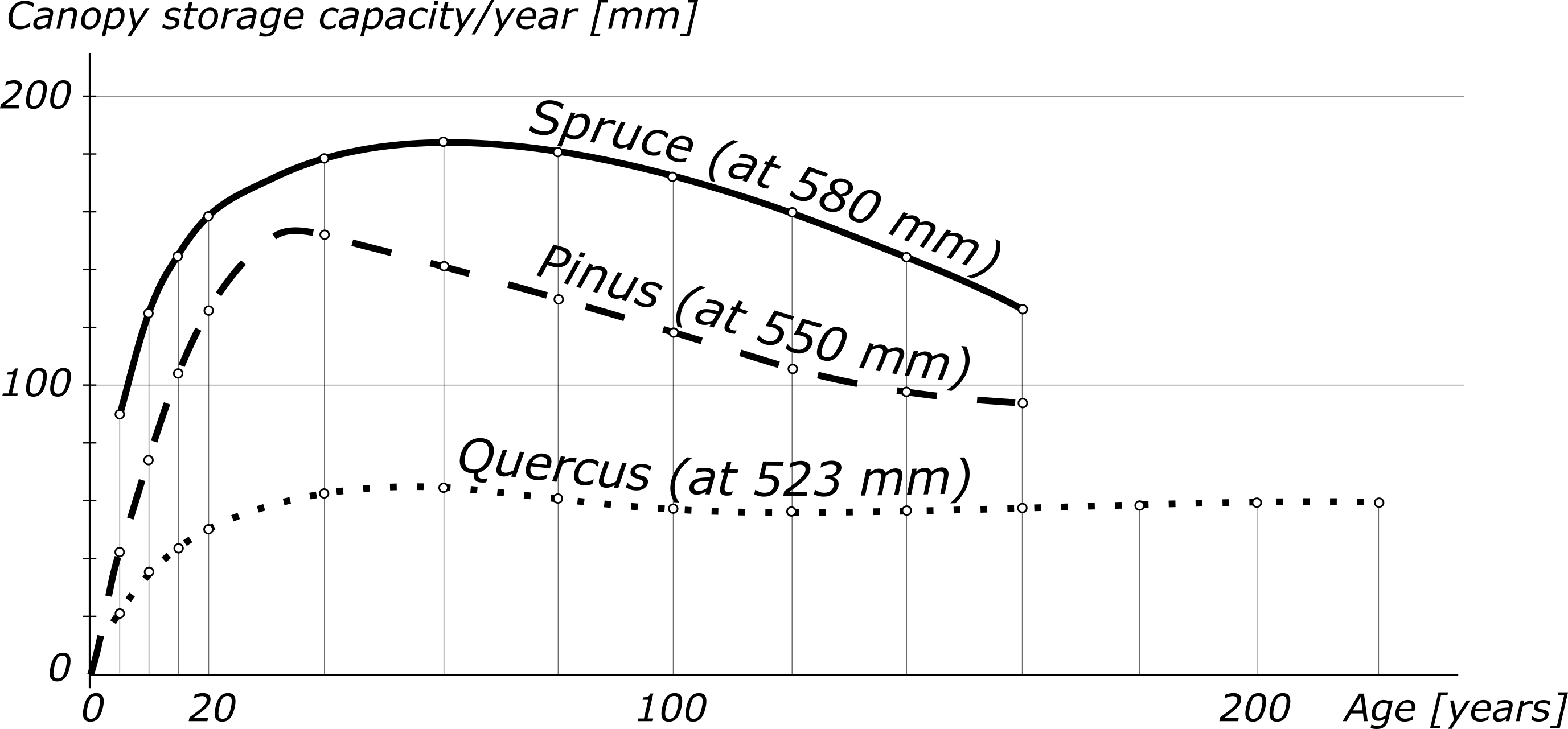 Canopy storage capacity of different tree species and ages