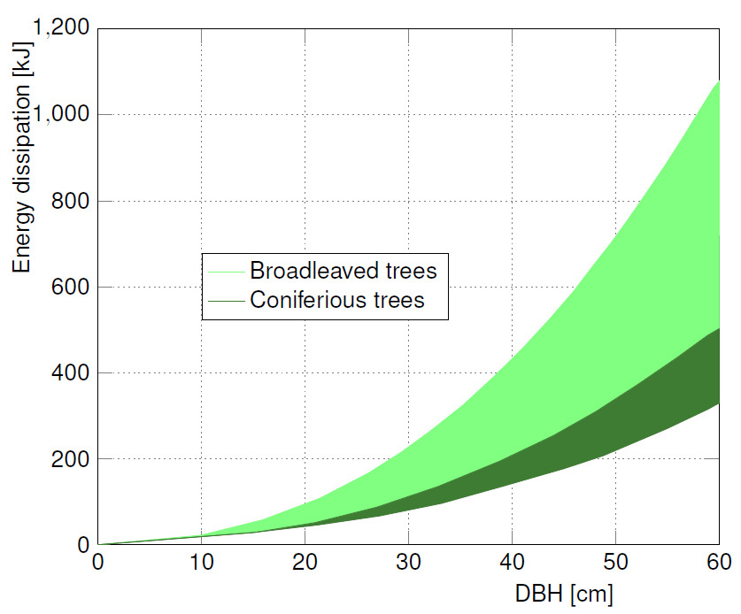 Difference between energy dissipation of coniferous and broadleaved tree species. Modified after @Dorren2007