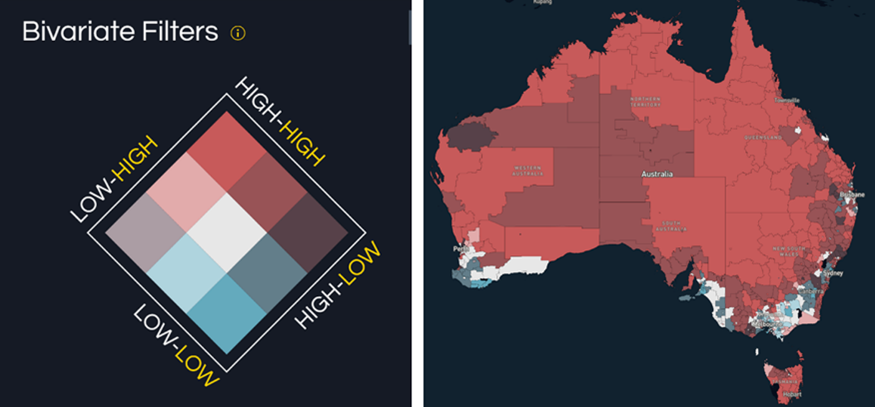 Figure 14.13 Example of bivariate map view: filters (left) and a comparison map (right).