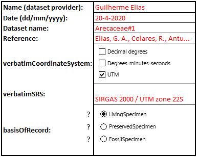 Fig. 1. Example of a filled-out dataset information part of the metadata form (user input in red)