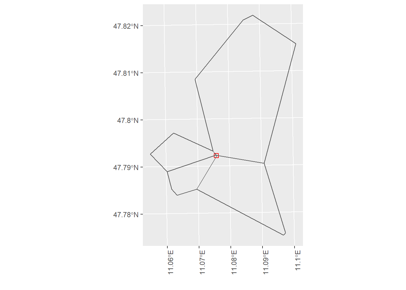 This is an example of a tile that intersects with multiple Voronoi regions. The labels and number correspond to the Voronoi region and the given area that are used as weights for the weighted mean estimator.