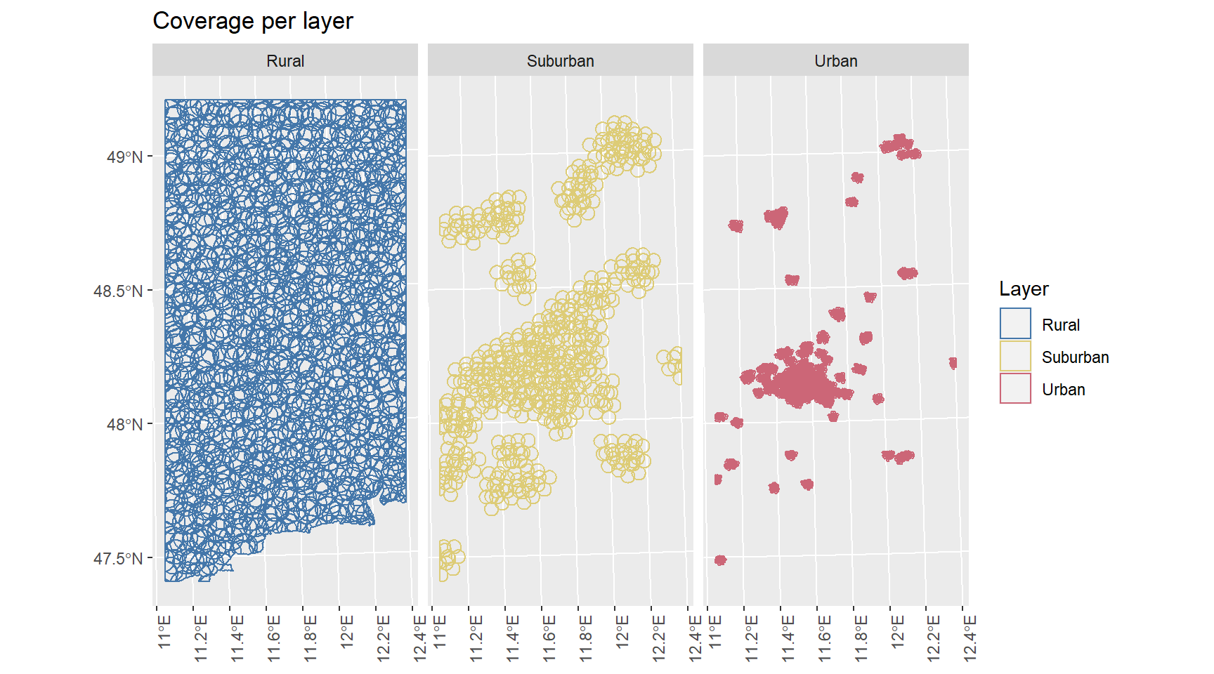 The circles represent the coverage area of each antenna per layer. The signal density increases with increasing population density.