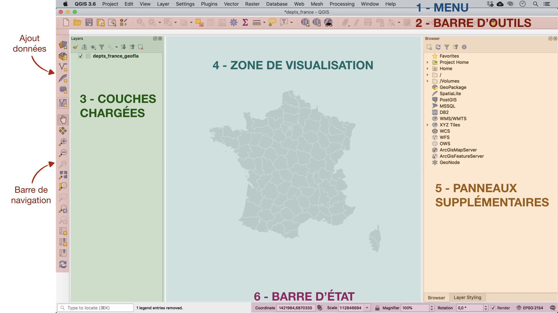 Interface QGIS et ses 6 zones