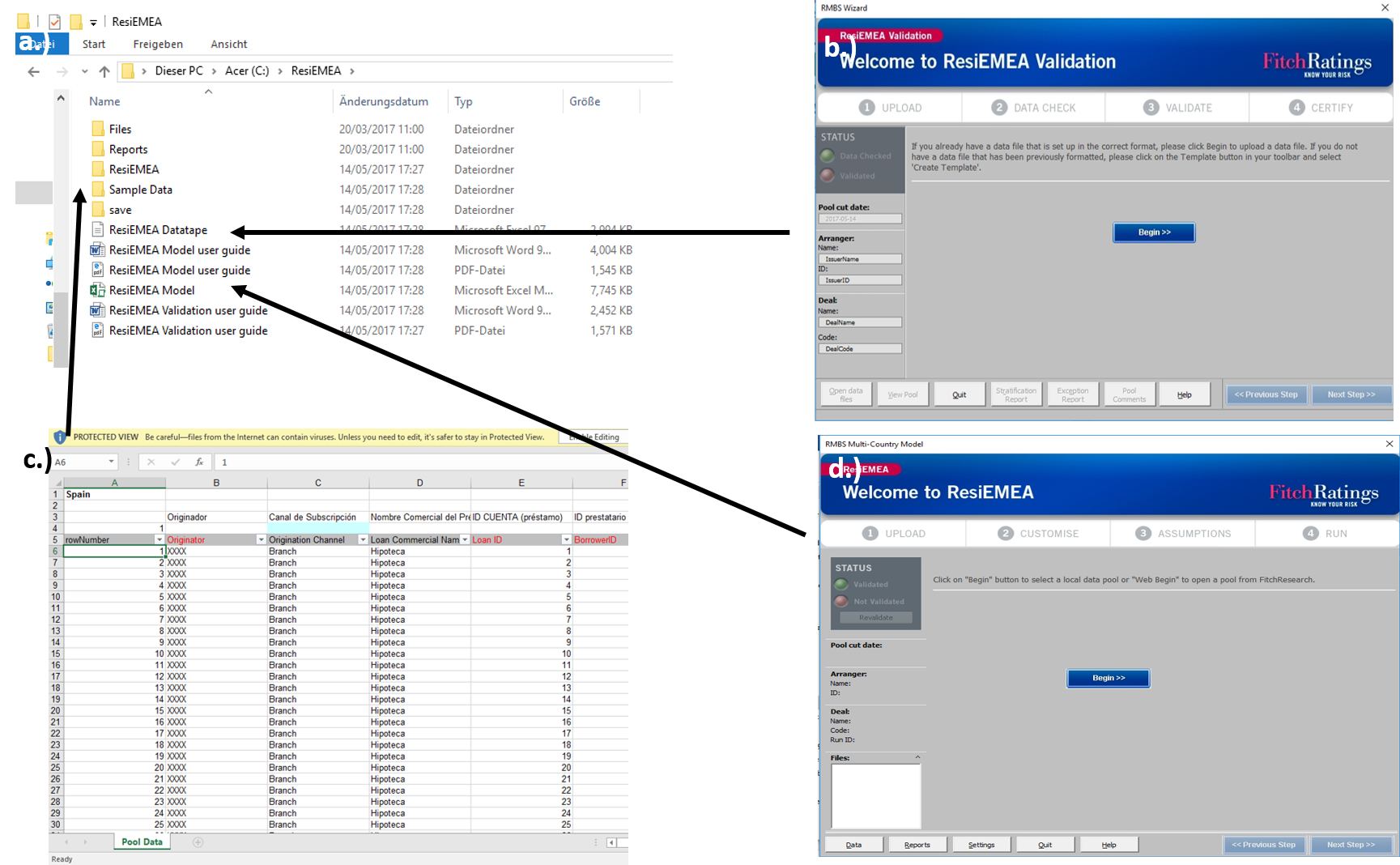 A screenshot of what the downloaded .zip file contains. Figure a.) Shows the individual files including user guides but also two excel tools. b.) The Datatape tool c.) The data template and d.) The Model tool