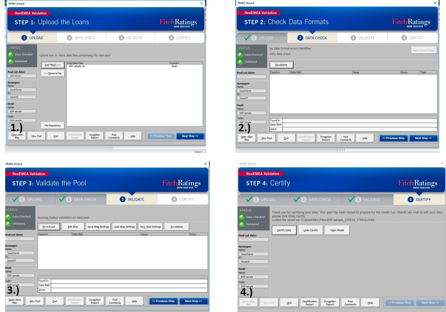 Screenshots of the wizard guiding the user through four data validation steps