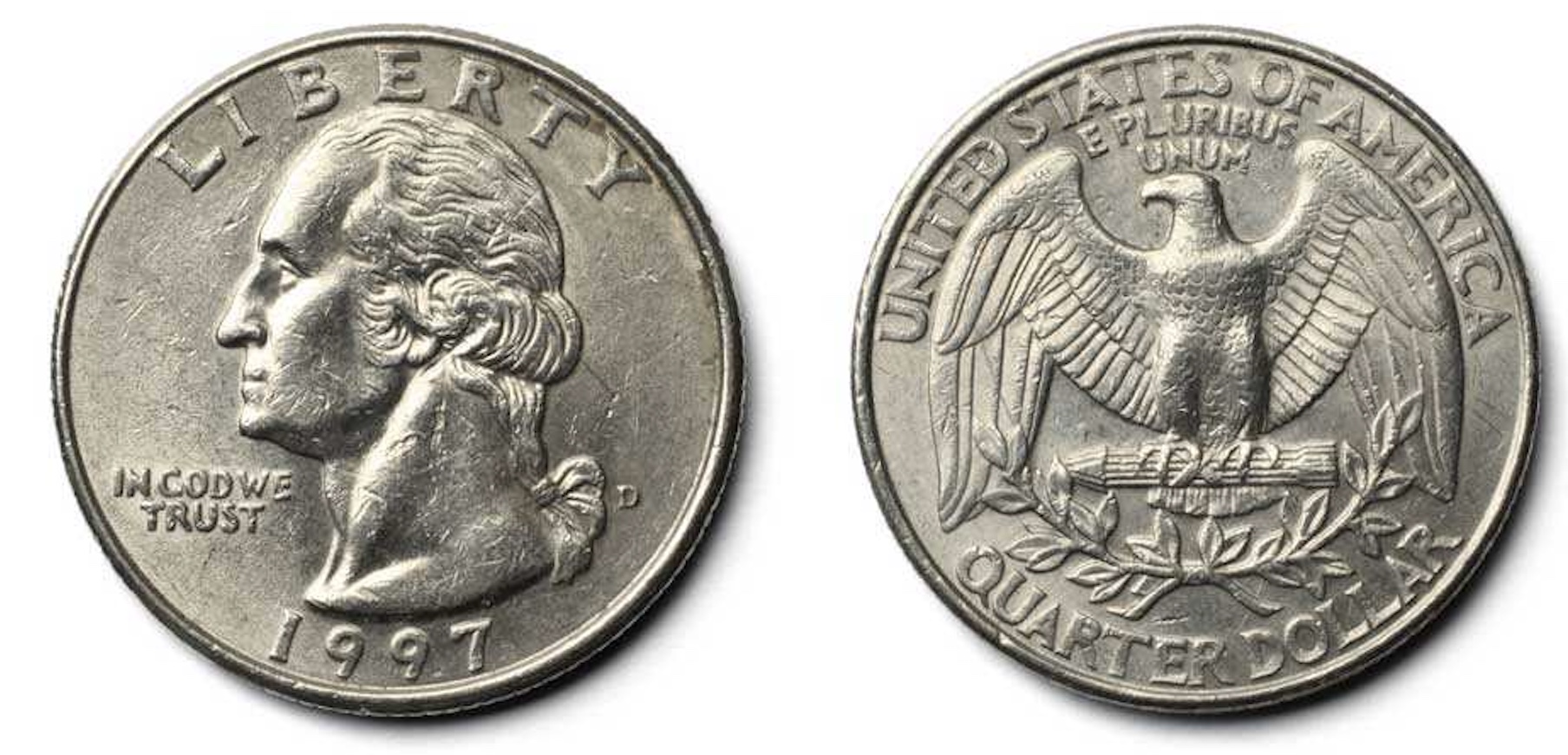 An image of a 1997 U.S. quarter, showing both sides of the coin. The left side features George Washingtons profile with the words LIBERTY and IN GOD WE TRUST, along with the year 1997 at the bottom. The right side displays the reverse of the coin, which shows a bald eagle with outstretched wings holding arrows and an olive branch, with the text UNITED STATES OF AMERICA and QUARTER DOLLAR inscribed around the edges.