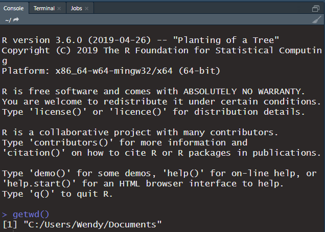 Executing 'getwd()' in the console to obtain the current working directory.