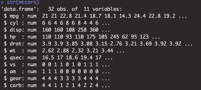 Data structure of the mtcars dataset.