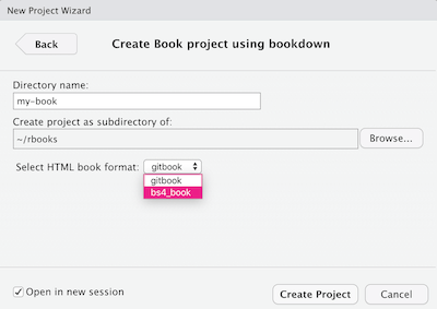 Screenshot of the RStudio Project Wizard for creating a new bookdown project.