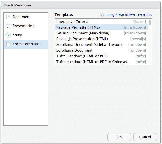 Create a package vignette in RStudio.