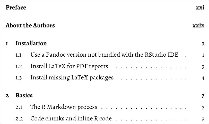 A screenshot of the table of contents of this book to show numbered and unnumbered chapters.