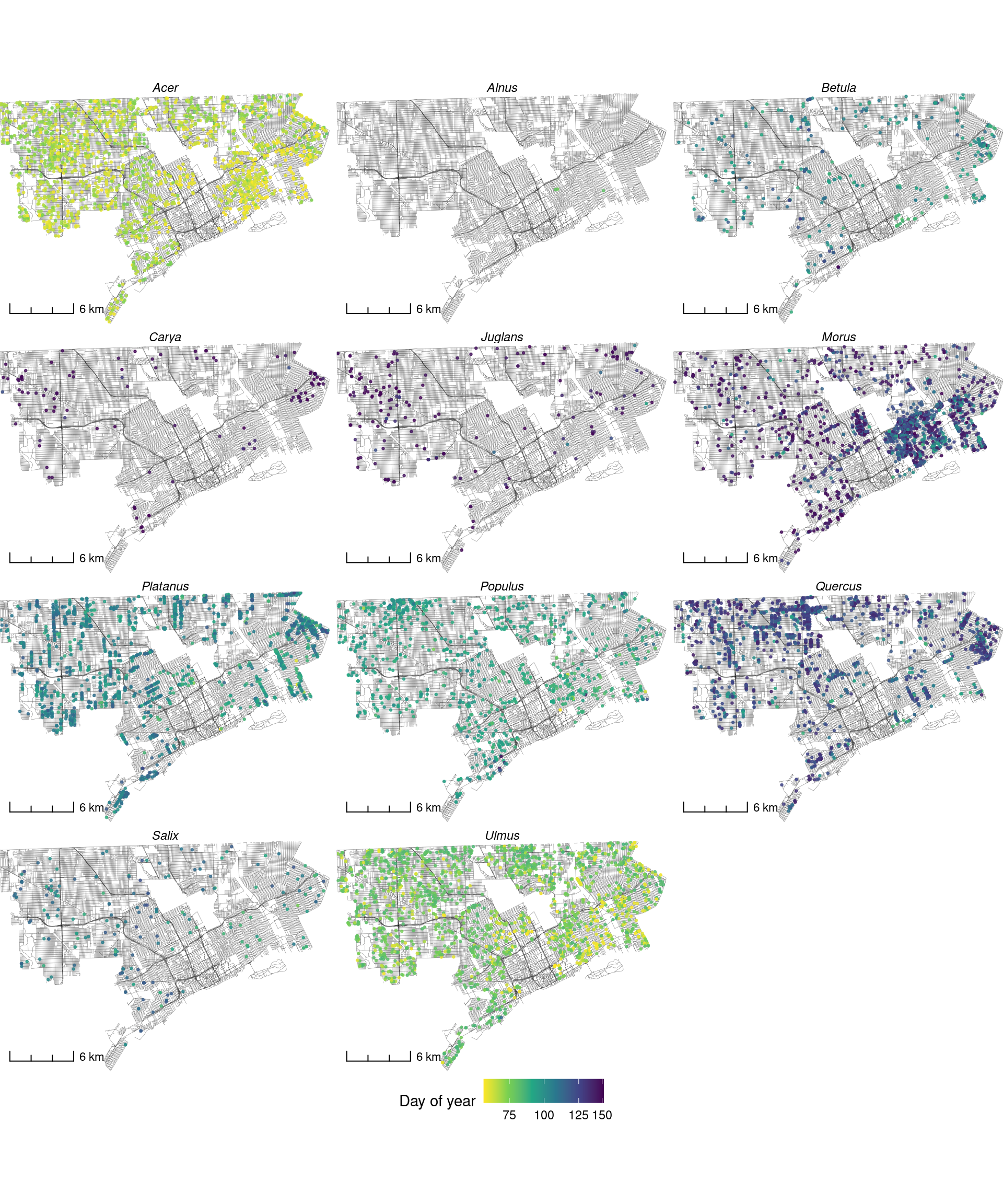 Maps of PlanetScope-derived pollen emission time in Detroit street trees in the spring of 2018, one for each genera. A brighter color indicates an earlier estimated pollen emission time from an individual tree, showing spatial heterogeneity in pollen phenology within each city and genus.