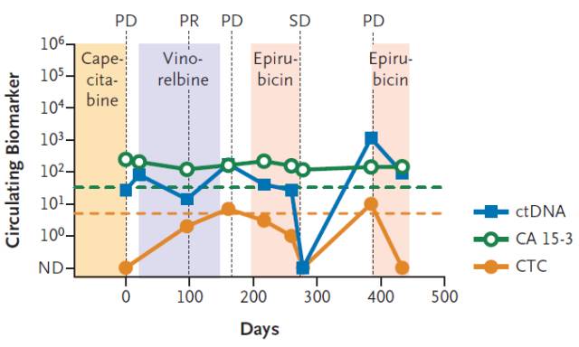 相比于传统的蛋白标志物CA15-3，ctDNA和CTC的变化更加灵敏。